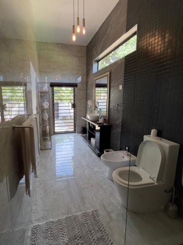 a large bathroom with a toilet and a sink at La Caduta Luxury Villa in Livingstone