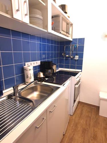 een keuken met een wastafel en een blauwe tegelmuur bij Winterberg Appartement 21123 in Winterberg