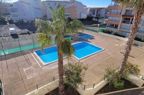 - une vue de tête sur deux piscines plantées de palmiers dans l'établissement Nauticap, Joli T2 rénové, piscine, parking, 200m plage, au Cap d'Agde