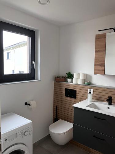 a bathroom with a toilet and a sink and a washing machine at Ferienwohnung Turmblick 