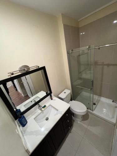 a bathroom with a sink and a shower and a toilet at Queen Bed Apartment with Seamless Living & Kitchen in Newmarket