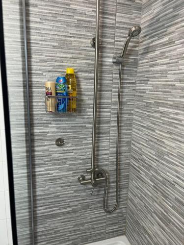 een badkamer met een douche en 2 flessen schoonmaakmiddel bij La casita de la piscina in Adeje