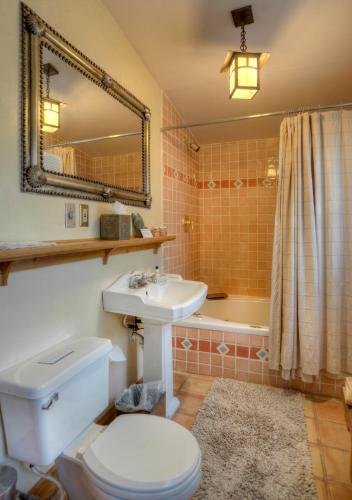 a bathroom with a toilet and a sink and a mirror at Blue Lake Ranch in Hesperus