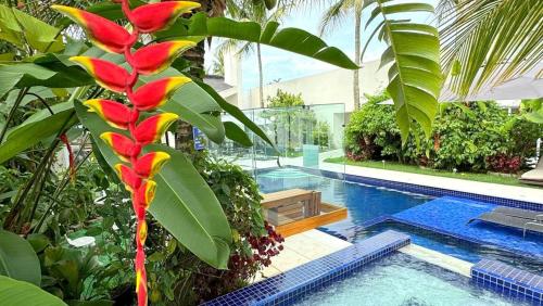 a plant with red flowers next to a swimming pool at Pousada Village Cozumel in Guarujá