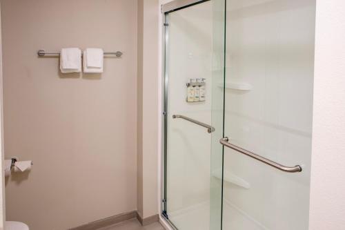 a shower with a glass door in a bathroom at Holiday Inn Express & Suites Sioux City-South, an IHG Hotel in Sioux City