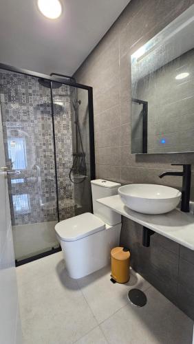 a bathroom with a toilet and a sink and a shower at Don Roman Suites en pleno centro by Sanlúcar Housing in Sanlúcar de Barrameda