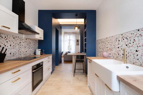une cuisine avec un évier blanc et des murs bleus dans l'établissement Le Joli Coeur, à Nancy