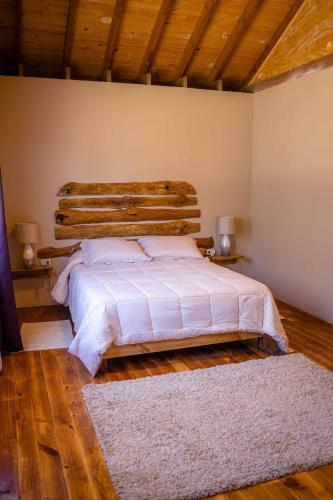 a bedroom with a large bed with a wooden headboard at Casona Pretton in Valparaíso
