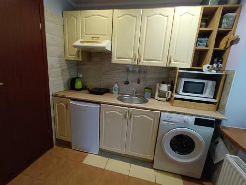 a kitchen with a sink and a washing machine at Apartamenty z ogrodem nr 1 in Mrągowo
