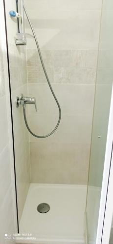 une douche avec pommeau de douche dans une salle de bain dans l'établissement Charmant 2 pièces avec terrasse en bord de mer, à Leucate