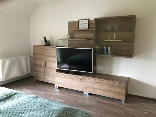 a large entertainment center with a flat screen tv at Apartment am See in Weiherhammer