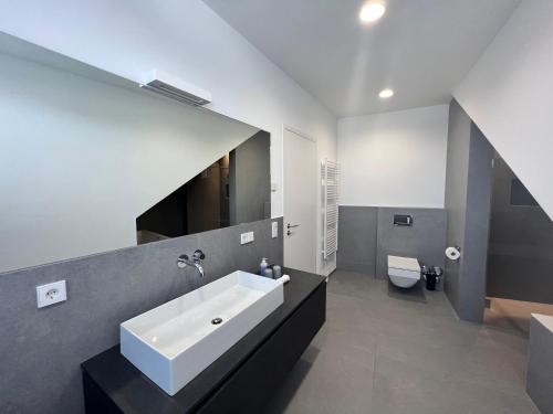 a bathroom with a white sink and a toilet at seenahe Design-Ferienwohnung Loft Indigo in Überlingen