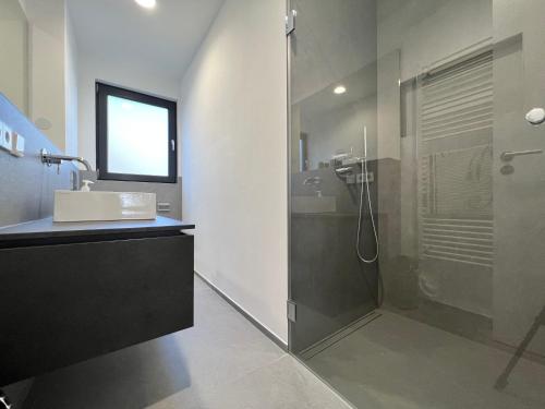 a bathroom with a shower and a sink at seenahe Design-Ferienwohnung Loft Azur in Überlingen