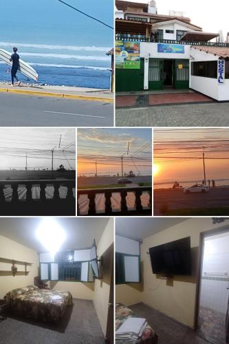 eine Collage mit Fotos eines Hotelzimmers mit Sonnenuntergang in der Unterkunft JULIA'S HOUSE in Huanchaco