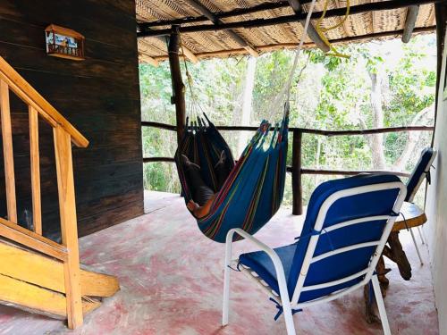 eine Veranda mit 2 Hängematten und 2 blauen Stühlen in der Unterkunft Cabaña la roca de minca sierra nevada in Santa Marta