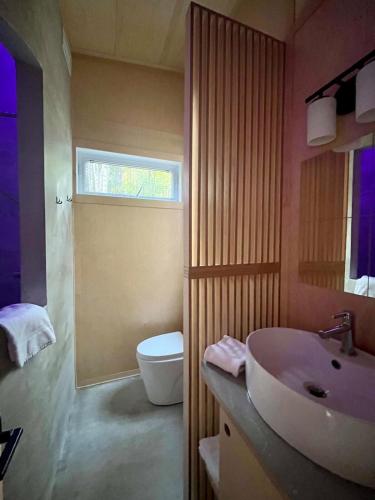 a bathroom with a sink and a toilet at Cabin Zoobox 76 in Eastman
