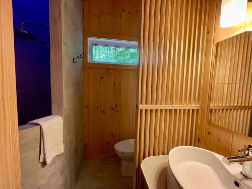 La salle de bains est pourvue d'un lavabo, de toilettes et d'une fenêtre. dans l'établissement Cabin Zoobox 79, à Eastman