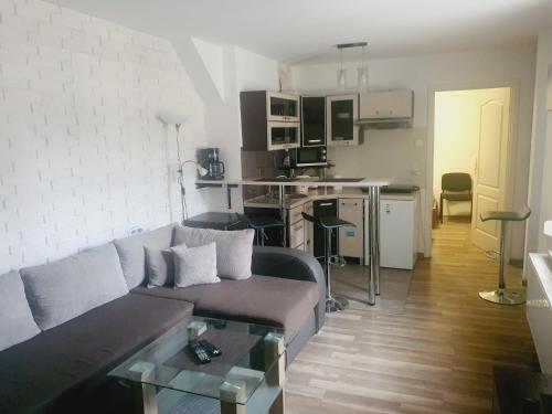 a living room with a couch and a kitchen at Mostowa 3 in Bydgoszcz