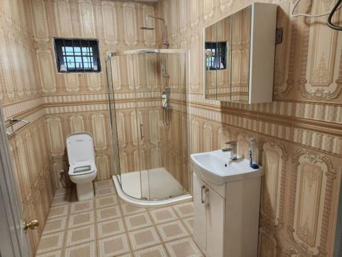 La salle de bains est pourvue de toilettes, d'un lavabo et d'une douche. dans l'établissement Medi Square Lodge, à Freetown