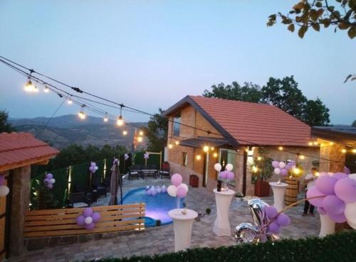 a house with a swimming pool and purple balloons at Vila Ohana in Skopje