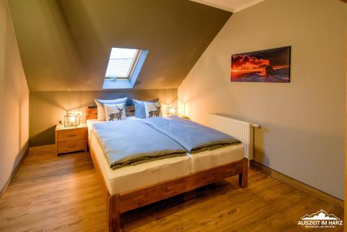a bedroom with a bed and a skylight at Auszeit-im-Harz Haus 5 Wohnung 32 in Stiege