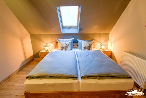 a bedroom with a large bed with a window at Auszeit-im-Harz Haus 5 Wohnung 32 in Stiege