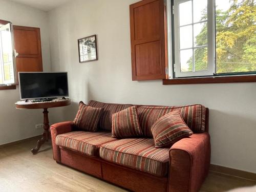 a living room with a couch and a television at Quinta de Marrocos in Peso da Régua