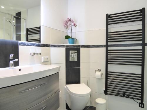 een badkamer met een wit toilet en een wastafel bij Winterberg Cityflair Wifi Pool Sauna 6 Pers PS4 Netflix near Bikepark in Winterberg