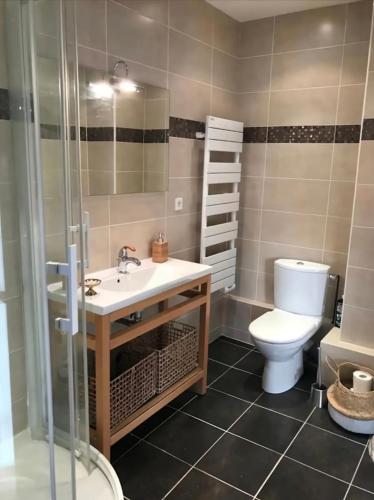 une salle de bain avec toilettes, lavabo et douche dans l'établissement Appartement avec Balcon - Vue mer - 100m de la plage - Hypercentre - 55m2, à Villers-sur-Mer