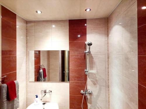 La salle de bains est pourvue d'une douche, d'un lavabo et d'un miroir. dans l'établissement Cozy apartment with top view, Wi-Fi & parking, à Stara Zagora