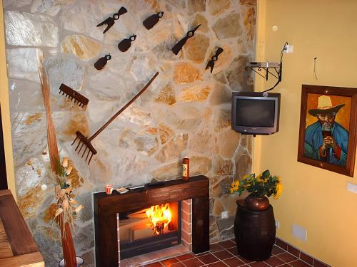 pared de piedra con chimenea y TV en Finca el Moralejo 6 persons cottage, en Tolox