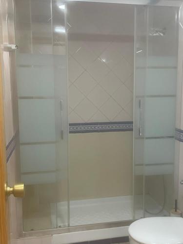 y baño con ducha de cristal y aseo. en La Posá, en Villar del Arzobispo