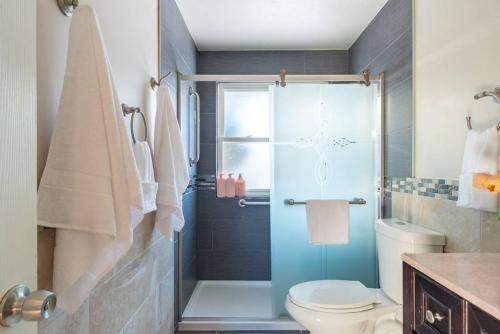 a bathroom with a shower with a toilet and a sink at Downtown Denver: 4bd - Game/Movie Room - Backyard in Arvada