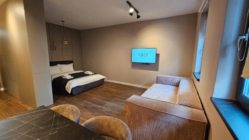 um quarto com uma cama e uma televisão na parede em Cozy Central Studios - Targu Mures em Târgu-Mureş