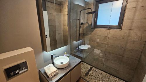 uma casa de banho com um lavatório e um chuveiro em Cozy Central Studios - Targu Mures em Târgu-Mureş