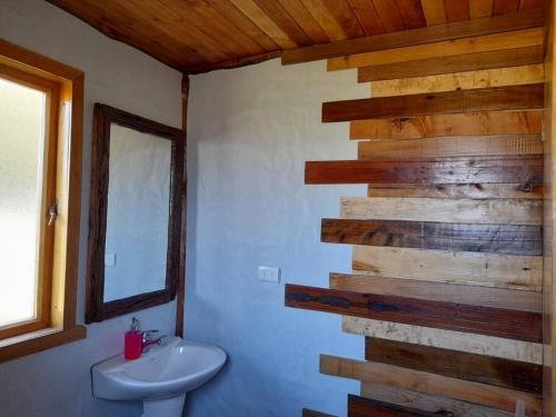ein Badezimmer mit einem Waschbecken und einer Holzwand in der Unterkunft Cabaña El artesano Puyehue in Ñilque
