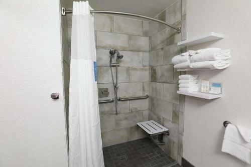 a shower with a shower curtain in a bathroom at Hampton Inn Dyersburg in Dyersburg