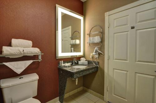 a bathroom with a sink and a mirror and a toilet at Homewood Suites by Hilton- Longview in Longview