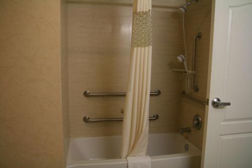 a bath tub with a shower curtain in a bathroom at Hampton Inn Kilgore in Kilgore