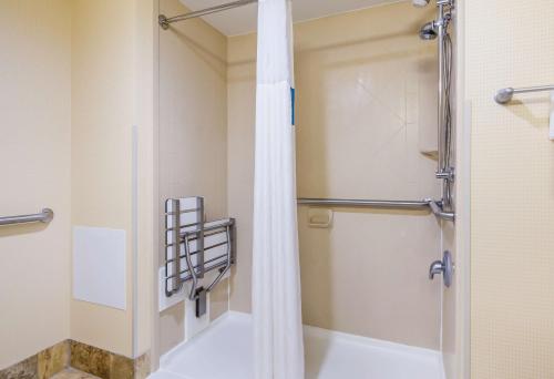 a shower with a glass door in a bathroom at Hampton Inn Galax in Galax