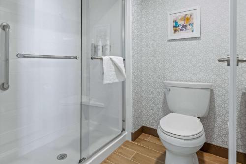 a bathroom with a toilet and a glass shower at Hampton Inn & Suites Greeley in Greeley