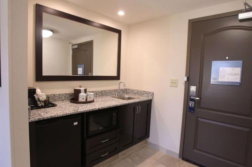 a bathroom with a sink and a mirror next to a door at Hampton Inn & Suites Seneca-Clemson Area in Seneca