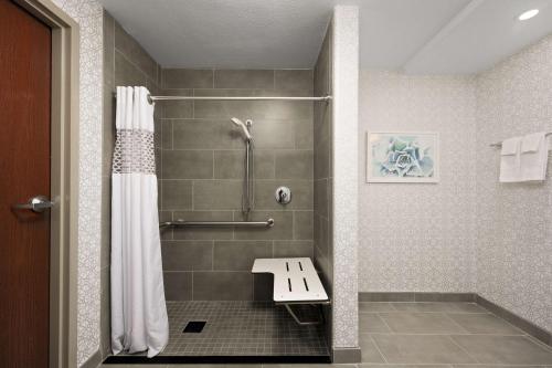 a bathroom with a shower with a bench in it at Hampton Inn & Suites Harlingen in Harlingen