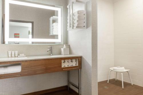 a bathroom with a sink and a mirror at Hampton Inn & Suites Houston-Cypress Station in Westfield