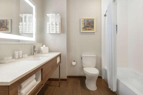 a bathroom with a toilet and a sink and a tub at Hampton Inn & Suites Houston-Cypress Station in Westfield