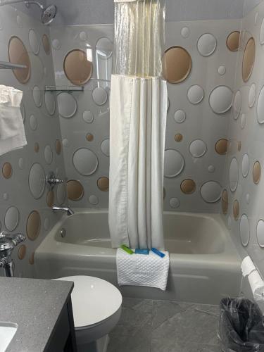 y baño con bañera, aseo y cortina de ducha. en Executive Inn, en Owatonna