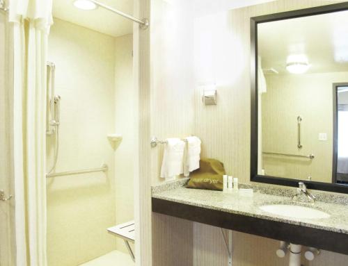 a bathroom with a sink and a mirror at Homewood Suites by Hilton Coralville - Iowa River Landing in Coralville