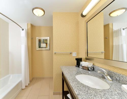 a bathroom with a sink and a tub and a mirror at Hampton Inn Iowa City/University Area in Iowa City