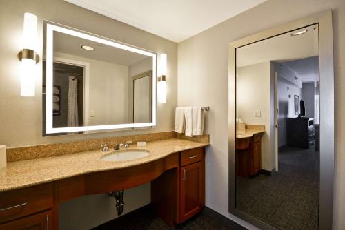 baño con lavabo y espejo grande en The Homewood Suites by Hilton Ithaca en Ithaca