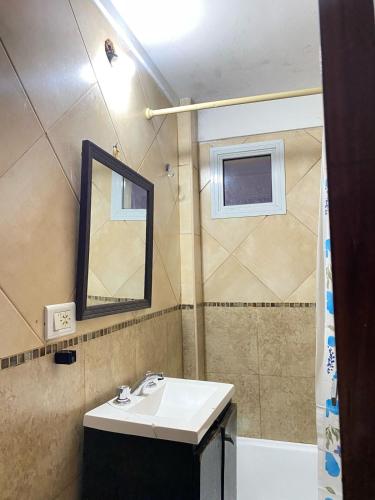 a bathroom with a sink and a mirror and a tub at temporarios en rosario in Rosario